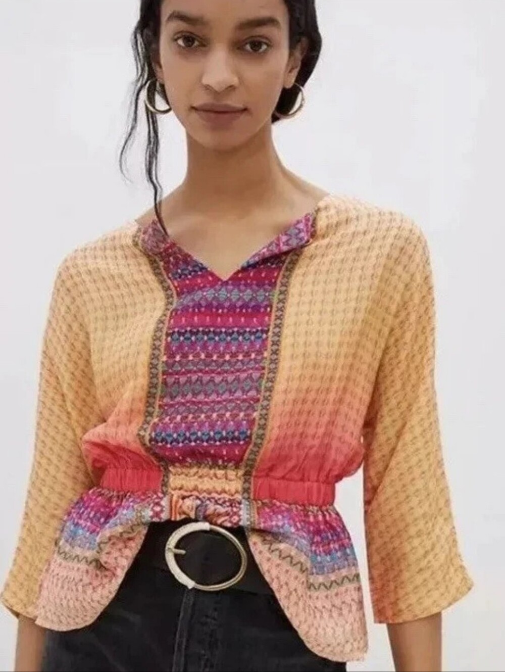 New Anthropologie Tanvi Kedia Isaline Beaded Peplum Elastic Waist Boho Blouse